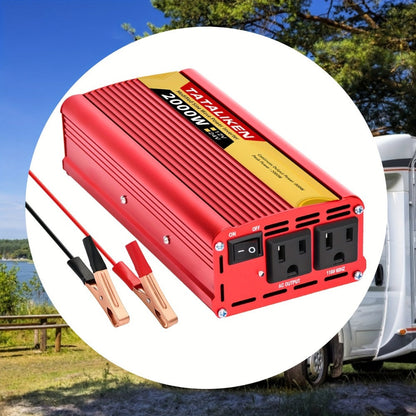 Red 2000W-Labeled Car Power Inverter with 12V Battery Clamp Leads, 110V AC Outlets and Cooling Fan