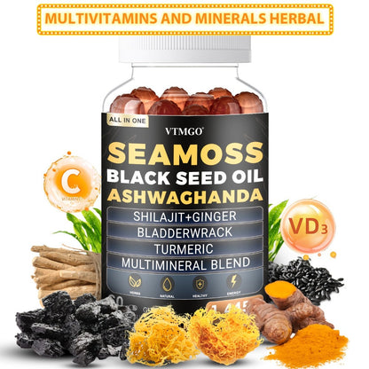 Sea Moss Gummies 1445mg with Shilajit Black Seed Oil Ashwagandha Elderberry Chlorophyll Turmeric Bladderwrack Ginger
