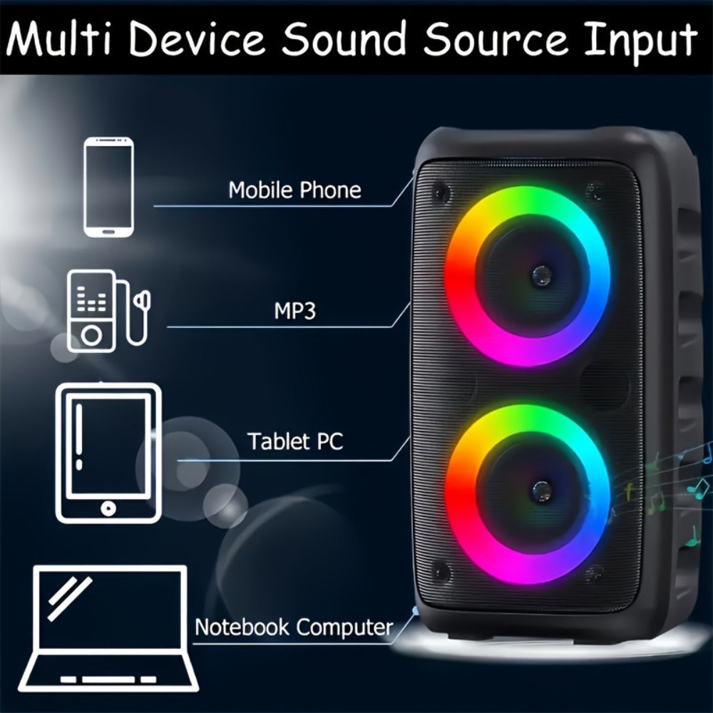 Portable PA Speaker Twin-Ring RGB Wireless Unit with TWS, Tablet Holder and Wired Microphone