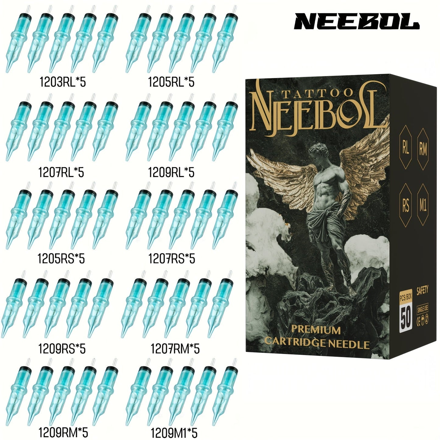 EO Sterilized Tattoo Cartridge Needles 50pcs Mixed Sizes 3RL 5RL 7RL 9RL 5RS 7RS 9RM for Temporary Body Art, Festivals and Costumes