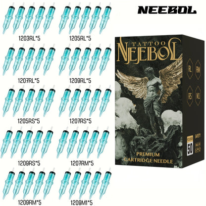 EO Sterilized Tattoo Cartridge Needles 50pcs Mixed Sizes 3RL 5RL 7RL 9RL 5RS 7RS 9RM for Temporary Body Art, Festivals and Costumes