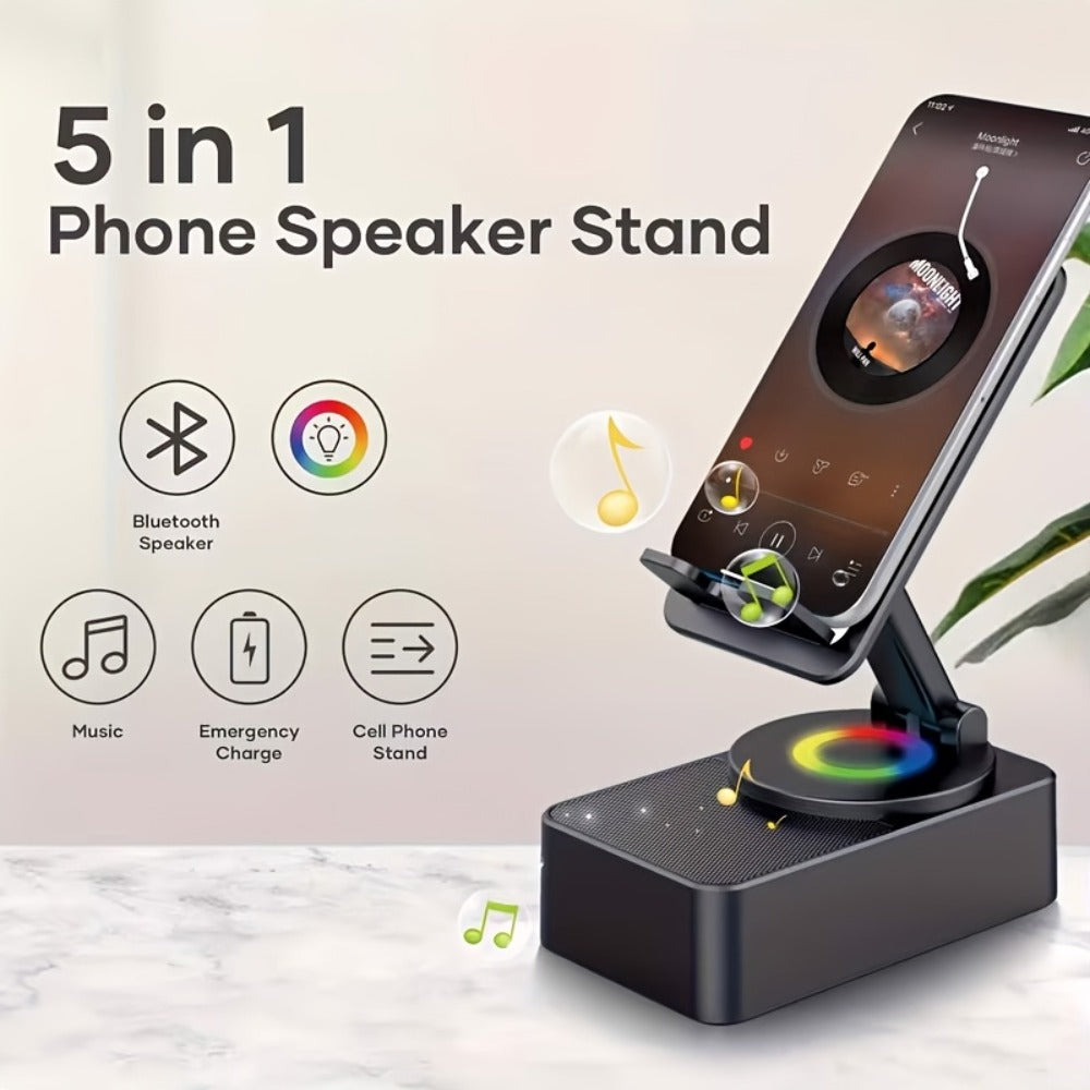 Induction Wireless Speaker Phone Holder Stand 3-in-1, Foldable Tabletop Mount with Stereo Bass Amplifier