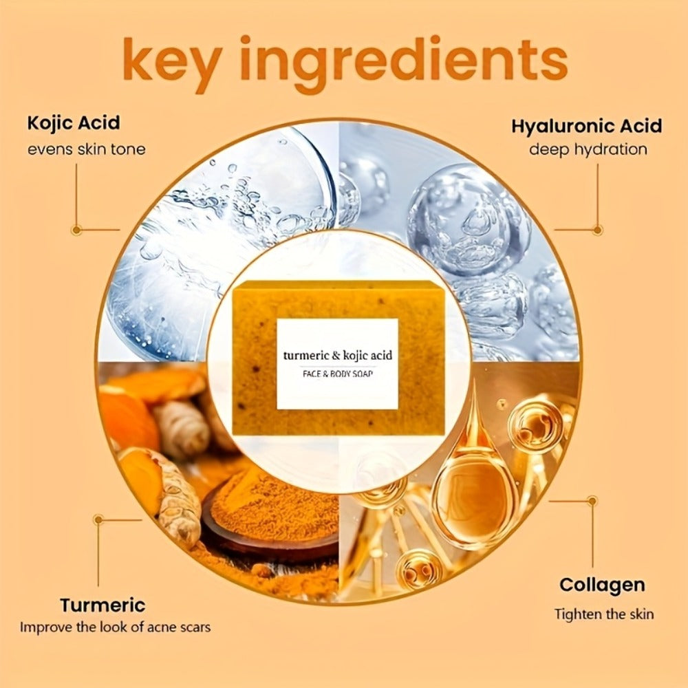 Turmeric and Kojic Acid Bar Soap, 12-Pack of 100g Bars with Lemon and Honey Labels plus Bubble Net