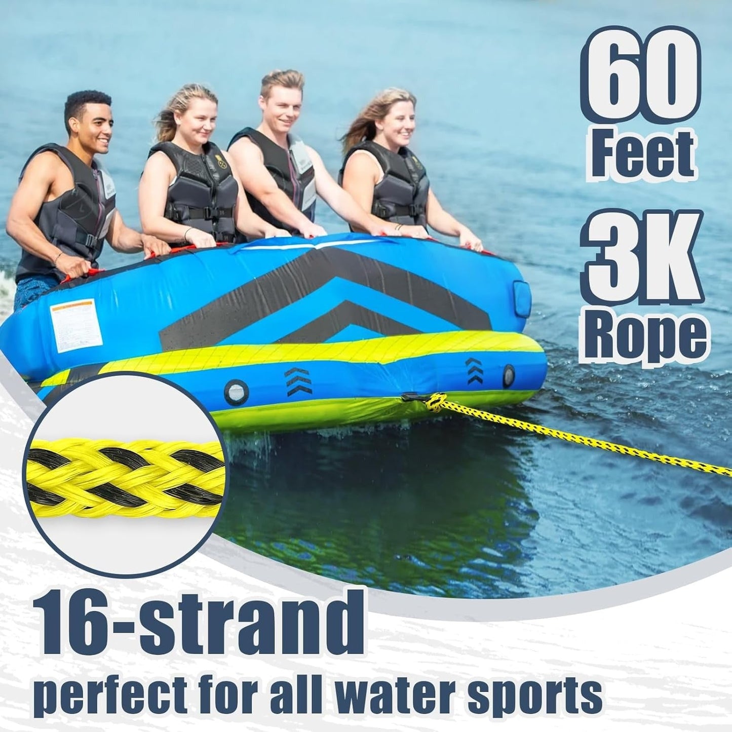 Heavy Duty Floating Tow Rope 60ft 2600lbs Breaking Strength 16-Strand UV Resistant Pre-Stretched for Towable Tubes Water Skis Wakeboards