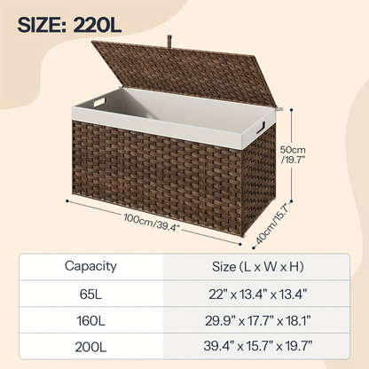 Large Wicker Storage Basket with Lid, Handles, Soft Lining, Metal Frame in a 220L Lidded Format