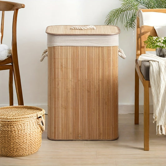 Upgrade or Ordinary Rectangular Collapsible Laundry Hamper with Slatted Body, Lid and Side Handles