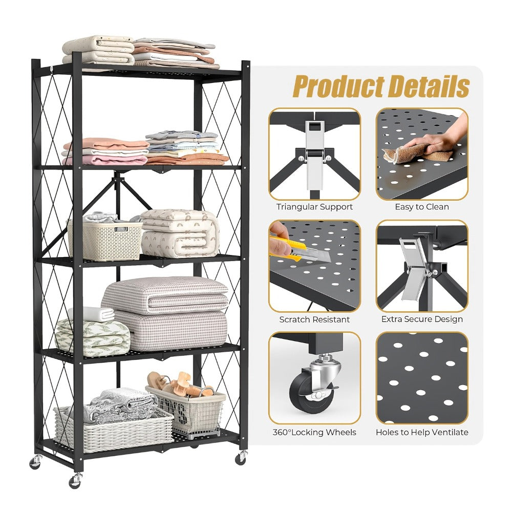 Three-to-Five-Tier Foldable Storage Rack with Carbon Steel Frame, Lockable Wheels and Three Colors