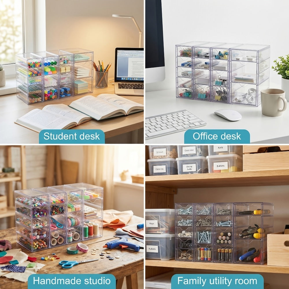 Clear Modular Drawer Organizer with 8- or 16-Drawer Checkout Sets for Office, Makeup and Craft Supplies