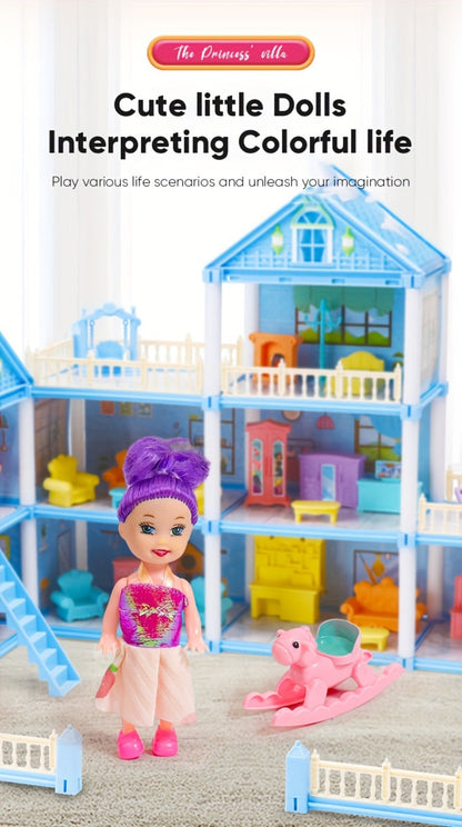 Princess Doll House Castle with Furniture & Accessories, Pink or Blue Mini Villa Playset 14 to 27 Rooms