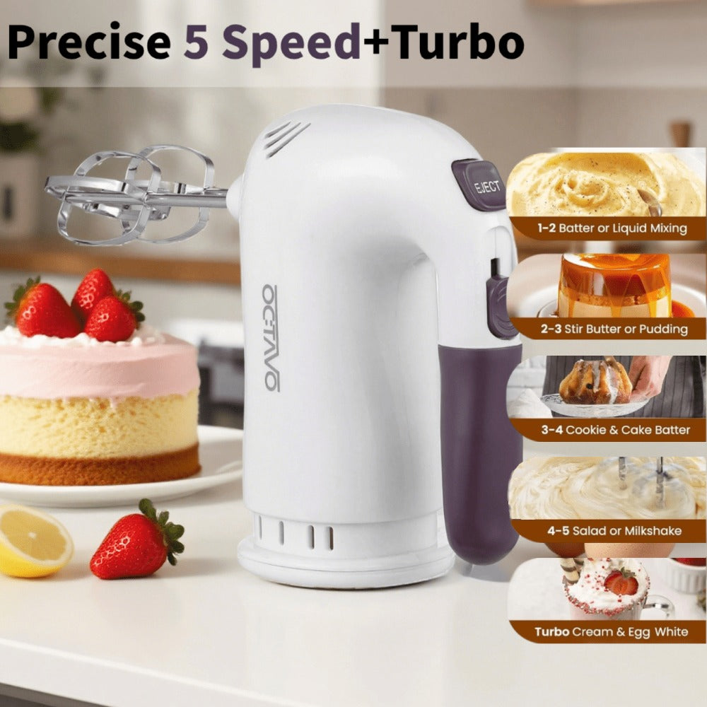Hand Mixer Electric 400W with Storage Stand & 5-Speed Turbo Boost, 5 Stainless Steel Attachments for Baking Cream Cake Dough Cookie