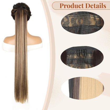 Hair Extensions Straight 34-Inch Synthetic Ponytail with Ribbon Wrap and Five Mixed or Natural-Tone Colors