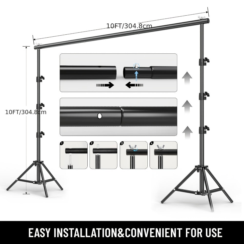 Backdrop Stand Kit 10x10ft Heavy Duty – 2 Adjustable Stands, 4 Crossbars, 4 Clamps & Carry Bag for Photo Studio, Video Shooting