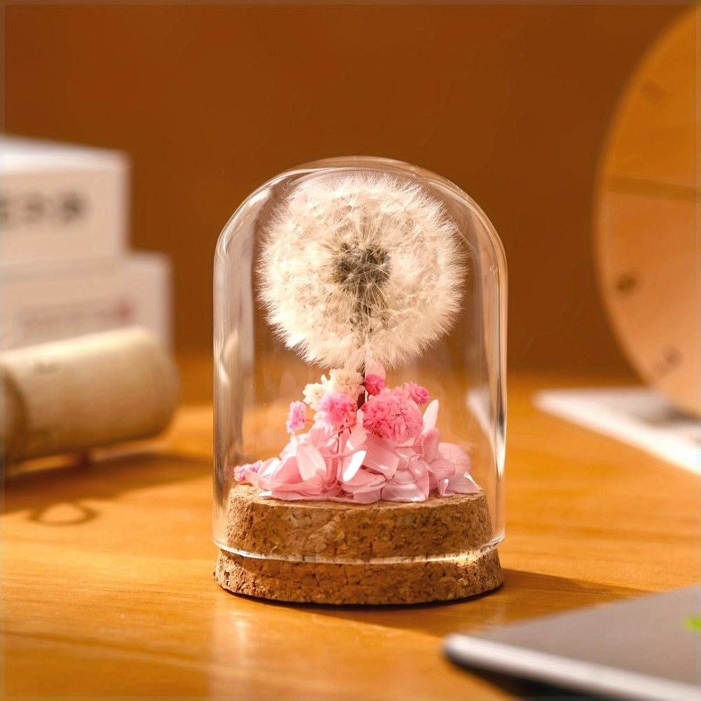 Dandelion Glass Dome Tabletop Decor with White Seed Head, Cork-Look Base, 3.2 x 2.4-Inch Size and Red or Pink Flowers