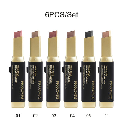 Glitter Eyeshadow Stick Pencil Set 6pcs Double Color Gradient Shimmer Metallic Waterproof, for Makeup, Travel and Everyday Vanity Use
