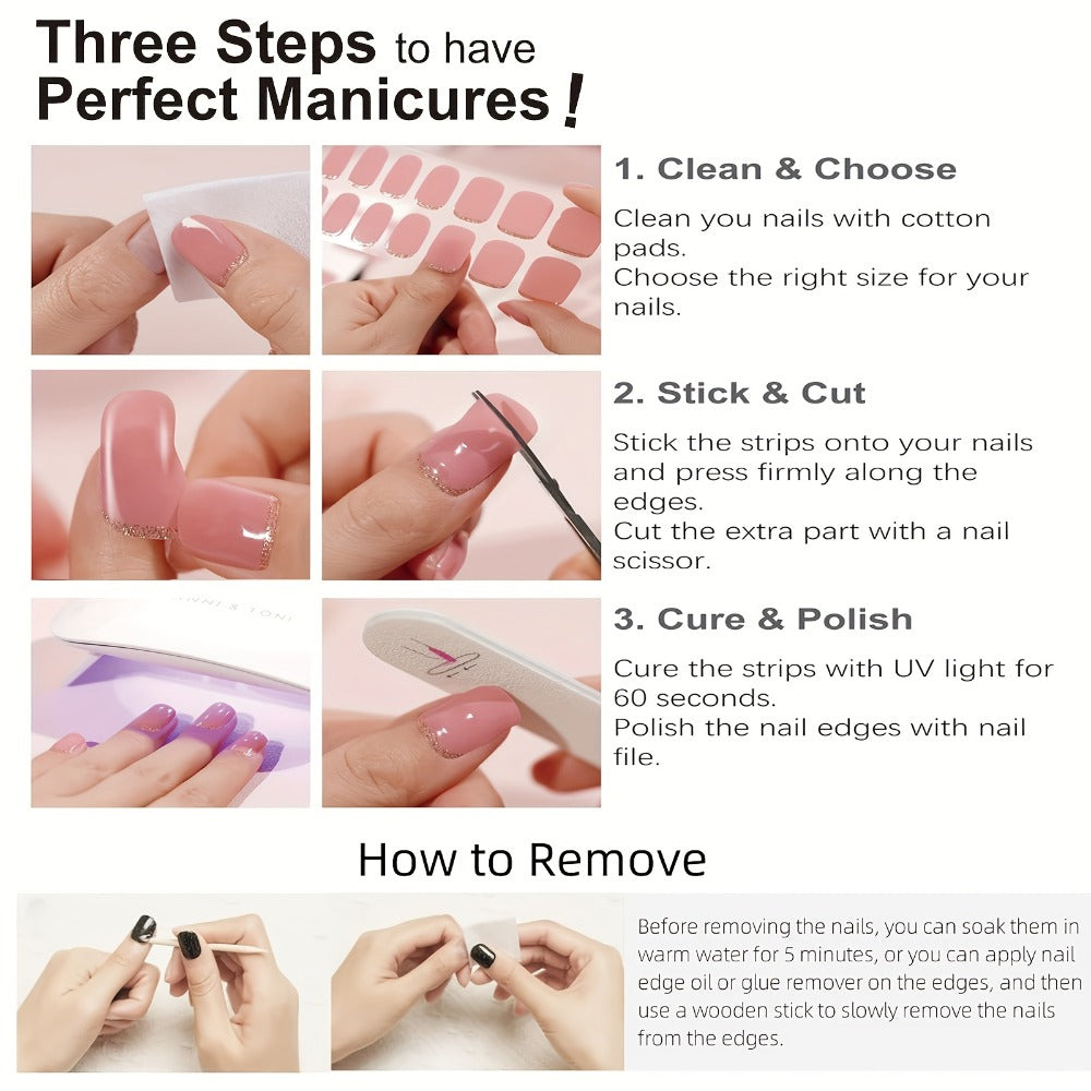 Gel Nail Art Kit Semi-Cured Nail Stickers 20 Designs with Portable UV Lamp Full Coverage Soft Gel Nail Patches Nude Nail Wraps for Women
