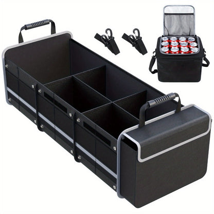Collapsible Car Trunk Organizer with Three Compartments, Removable Dividers, Lid and Tie-Down Straps