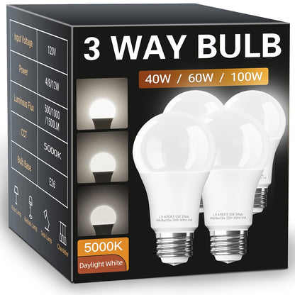 3-Way A19 Light Bulb 50 100 150W Equivalent 1500 Lumens E26 Medium Base – Warm White 2700K & Daylight 5000K Three-Way Bulb for Bedroom