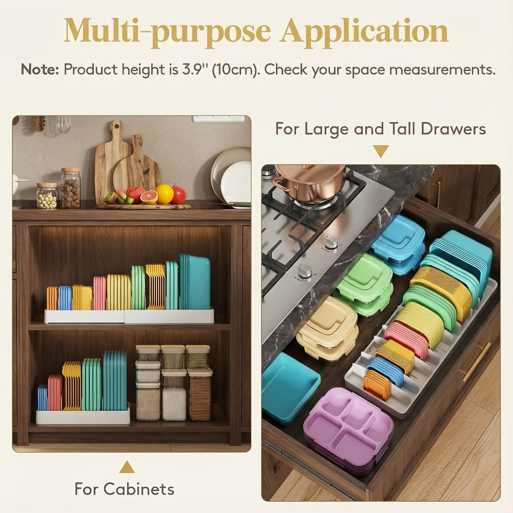 Container Lid Kitchen Organizer with Eight Inserts, 21 Compartments and Expandable 13-24.3-Inch Base