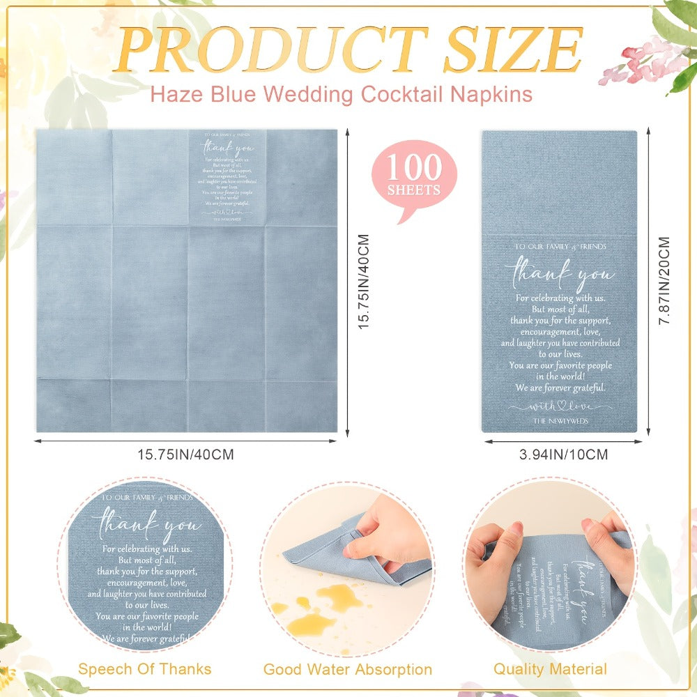 Wedding Cocktail Napkins 100pcs Thank You Napkins with Utensil Pocket Haze Blue Tissue Napkins for Bridal Shower Rehearsal Dinner Reception