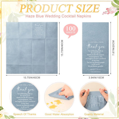 Wedding Cocktail Napkins 100pcs Thank You Napkins with Utensil Pocket Haze Blue Tissue Napkins for Bridal Shower Rehearsal Dinner Reception