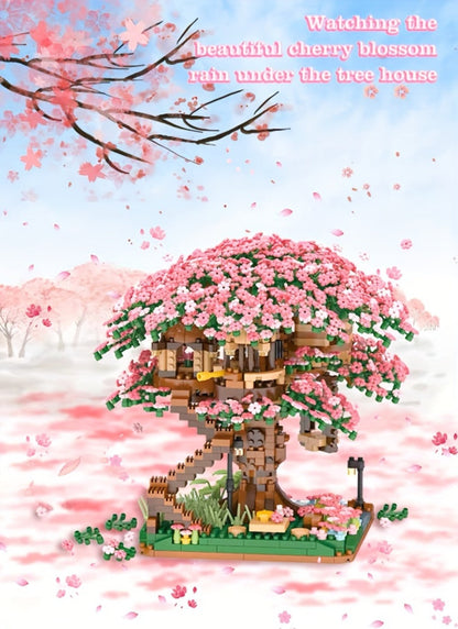 Building Block Set Cherry Blossom Tree House, 1020 or 2028 Micro Pieces with Pink Canopy and Base Display