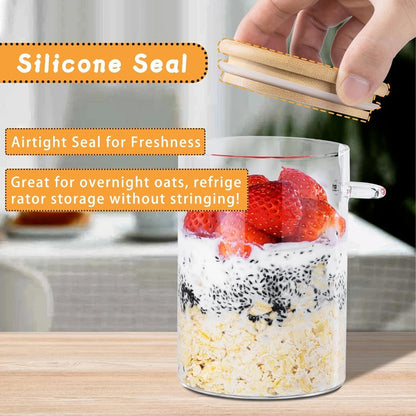 Overnight Oats Jars with Bamboo Lids & Spoons, 500ml Glass Meal Prep Containers, Dessert Bowl Set for Chia Pudding