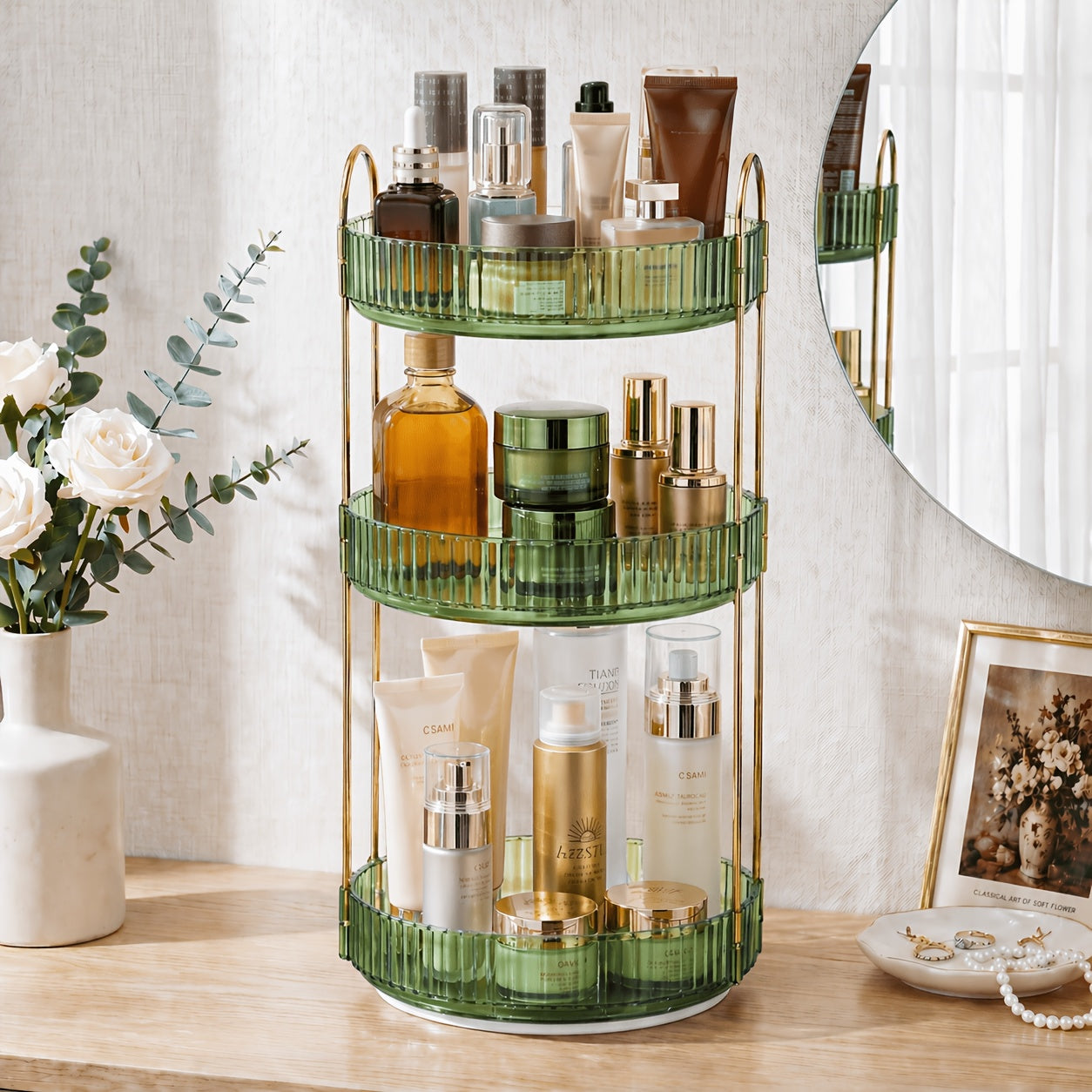 Three-Tier Rotating Makeup Organizer with 360-Degree Base in Green, Amber or Transparent Finish