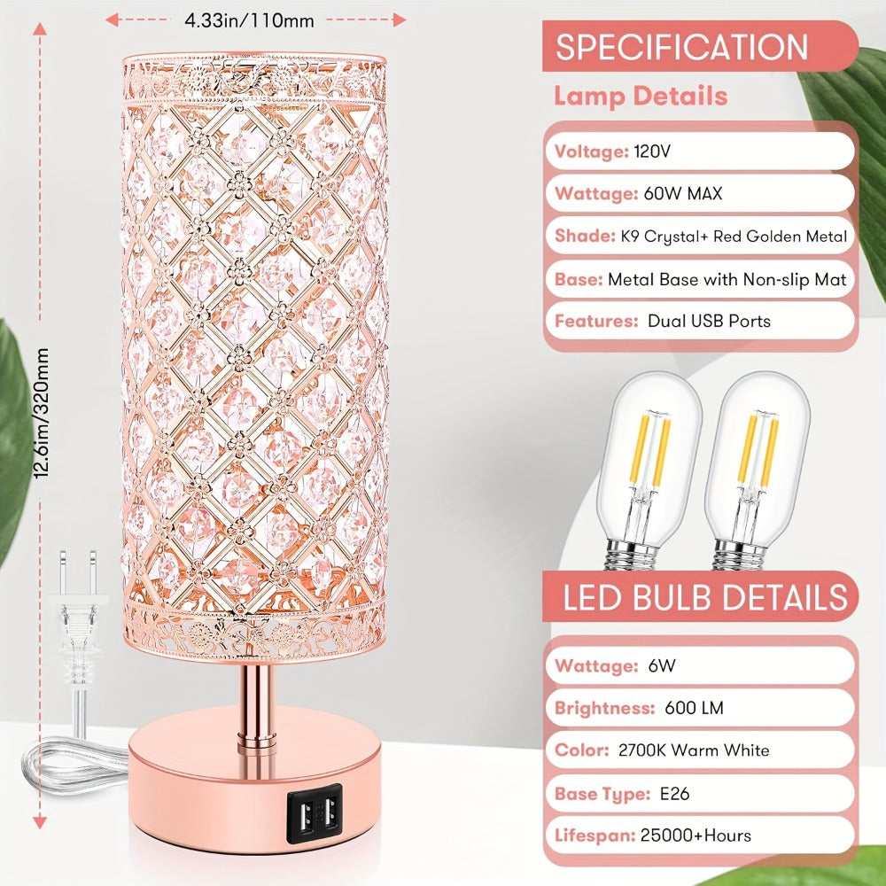 Crystal Cylinder Bedside Table Lamp with Dual USB Ports in Three Finishes and One- or Two-Pack Options