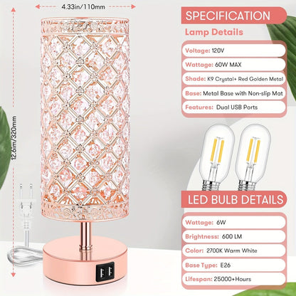 Crystal Cylinder Bedside Table Lamp with Dual USB Ports in Three Finishes and One- or Two-Pack Options