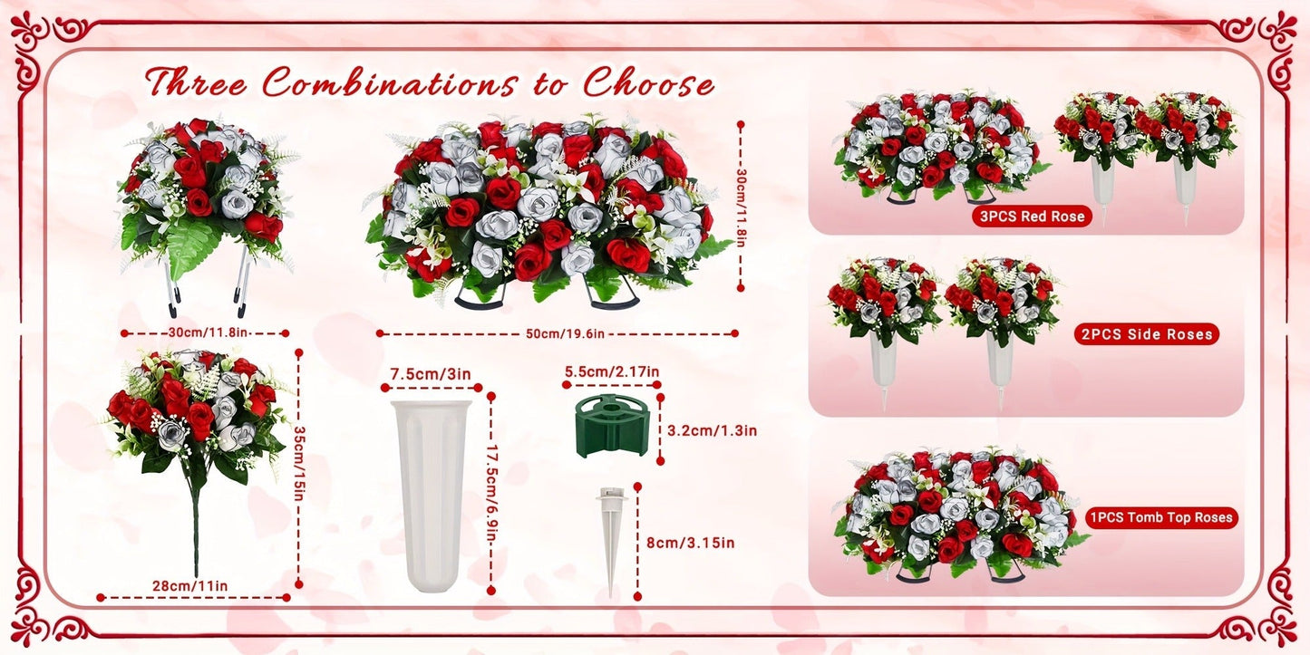 Artificial Cemetery Flowers for Grave with Saddle, Silk Rose Bouquet Headstone Decoration, Memorial Day Grave Flowers