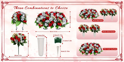 Artificial Cemetery Flowers for Grave with Saddle, Silk Rose Bouquet Headstone Decoration, Memorial Day Grave Flowers