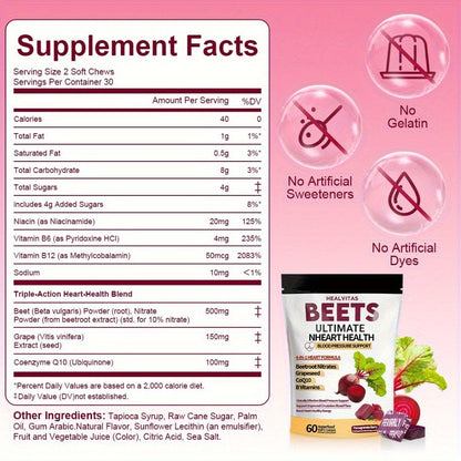 Beetroot Gummies with CoQ10, Grape Seed Extract & Multivitamins, Blood Pressure Support, Heart Health