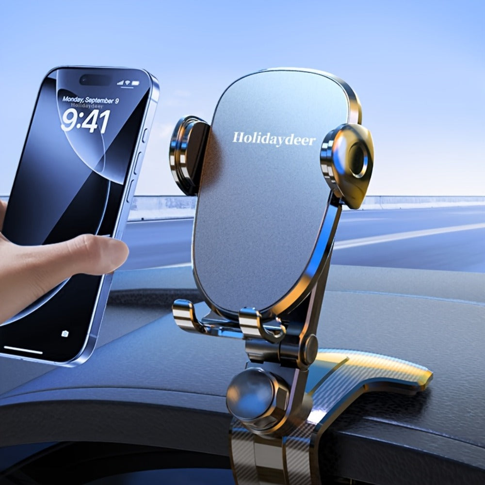 Deep Gray Dashboard-Edge Car Phone Holder with 360-Degree Joint and Triangular Support Clip
