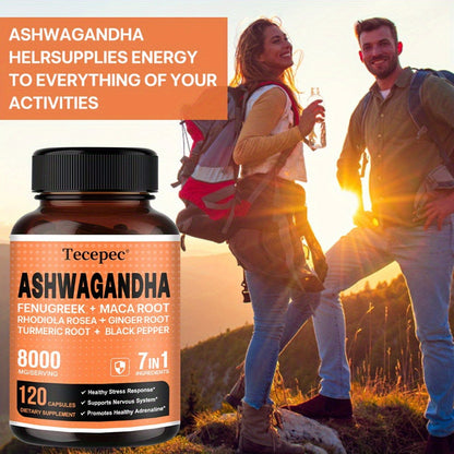 Ashwagandha Capsules 7-in-1 Adaptogen Blend 120ct with Maca Root Rhodiola Rosea Ginseng for Bath Time, Home Spa and Personal Care