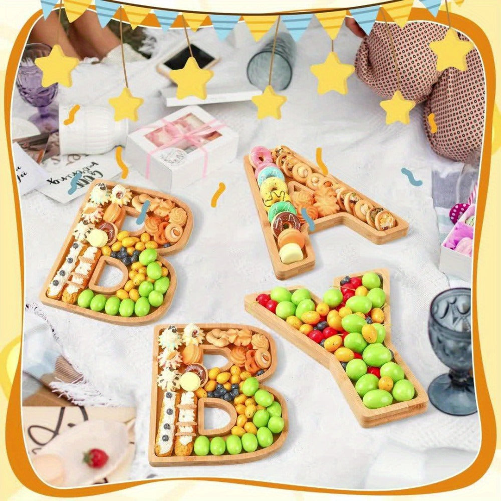 Baby Shower Charcuterie Board Set – 4-Piece BABY Letter Shaped Wooden Serving Tray, Bamboo Snack Platter for Gender Reveal, Birthday Party