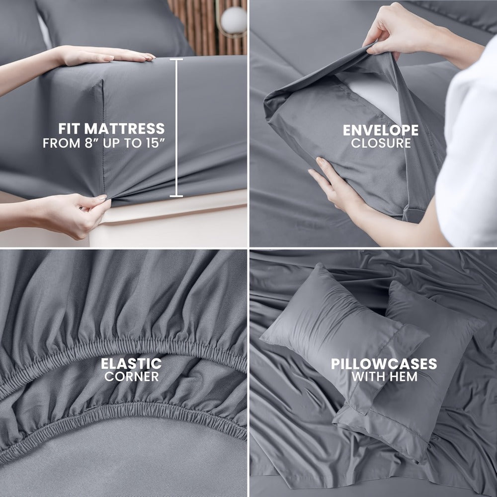 Cooling Fitted Sheet Bamboo Blend Ultra-Soft Deep Pocket Bed Sheet for Hot Sleepers Twin Full Queen King Size Machine Washable Breathable