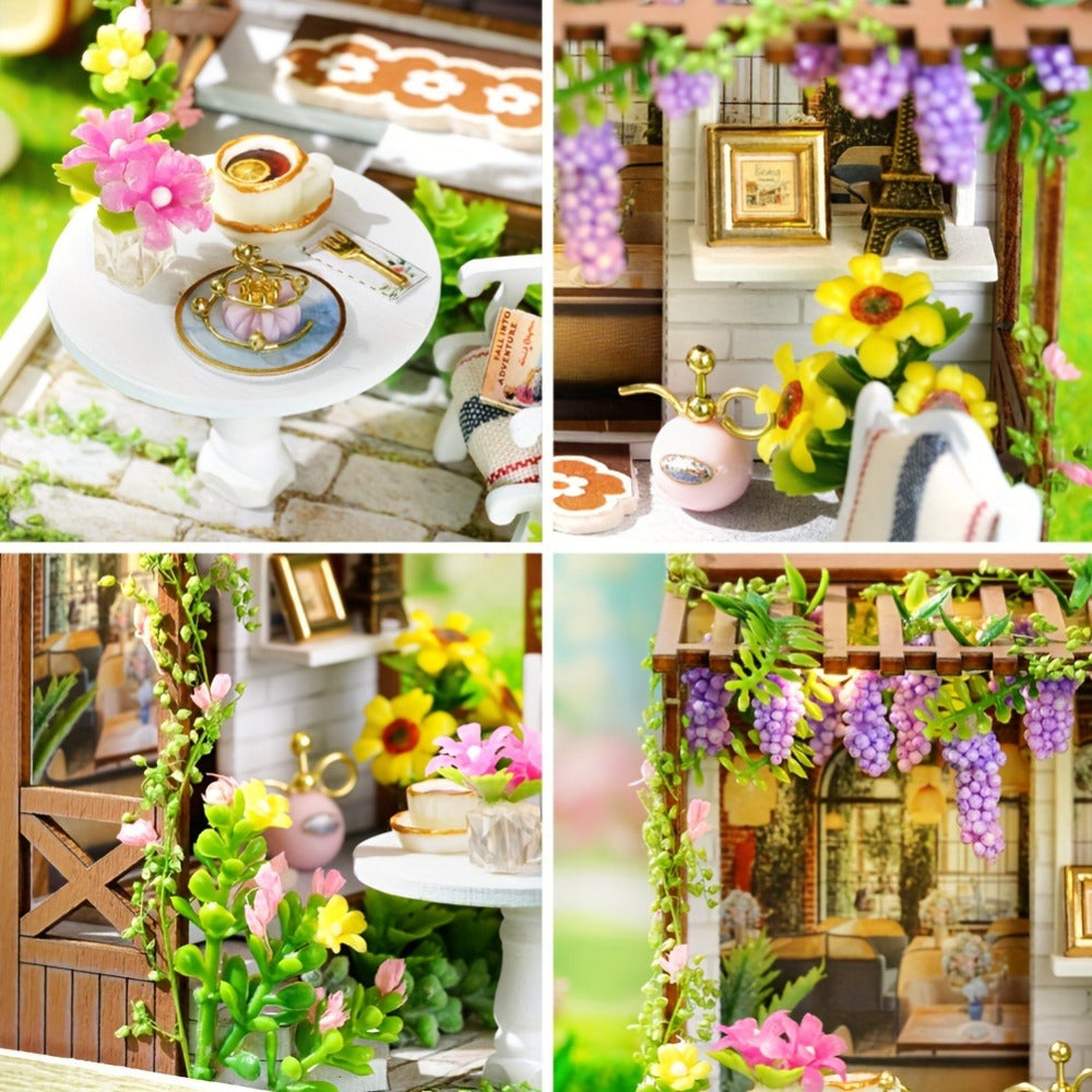 DIY Wooden Tiny House Kit with Dust Cover, Handmade Miniature Dollhouse Puzzle, 3 Themes Afternoon Tea Rotating Food House Moon Magic