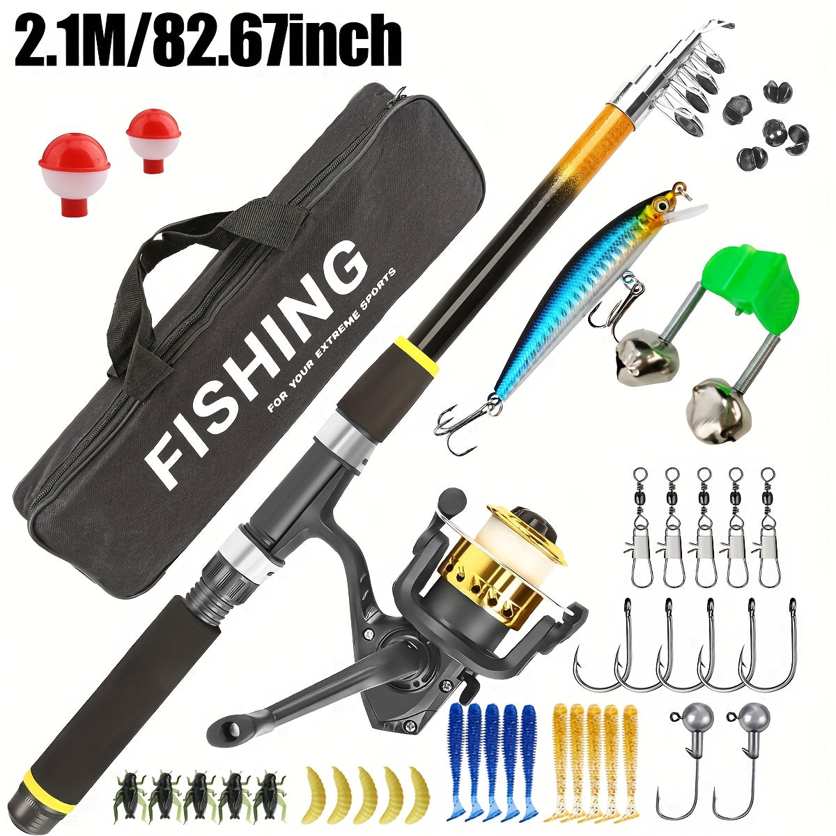 Baitcasting Rod and Reel Combo Set – Medium-Fast Action Telescopic Fishing Rod with Line, Lures, Accessories Box & Carry Bag