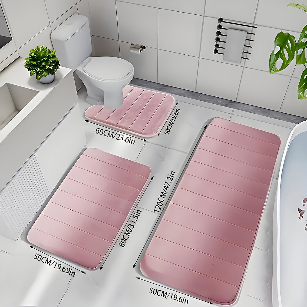 Channel-Stitched Three-Piece Padded Bath Mat Set with Long Runner and Two Matching Rugs in Nine Solid Colors