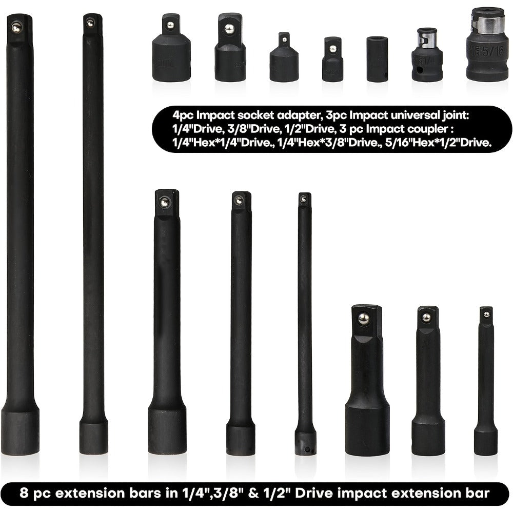 Socket Drive Accessory Kit 18-Piece – Socket Adapters, Extension Bars, Universal Joints & Impact Couplers Chrome-Moly Steel Professional