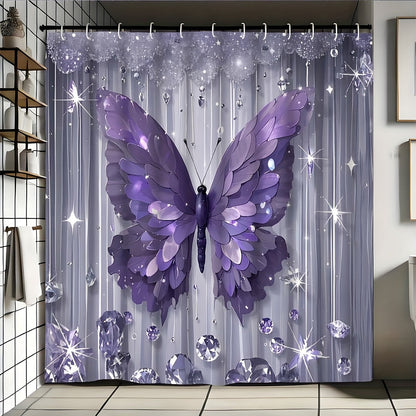 Butterfly-Print Shower Curtain with Four Colors and Single-Curtain or Four-Piece Bathroom Set Options