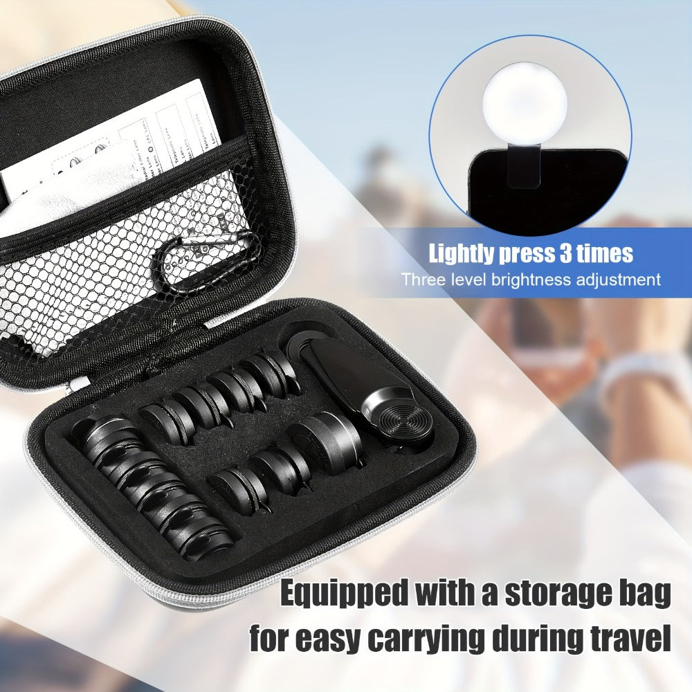 16-in-1 Phone Camera Lens Kit – Fisheye, Wide Angle, Macro, Kaleidoscope & CPL Clip-On Lenses + Selfie Light