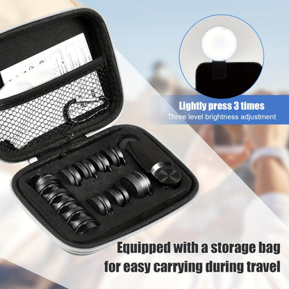 16-in-1 Phone Camera Lens Kit – Fisheye, Wide Angle, Macro, Kaleidoscope & CPL Clip-On Lenses + Selfie Light