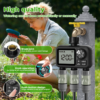 3-Zone Sprinkler Timer with Auto/Manual/Rain Delay Modes, Programmable Garden Hose Irrigation Controller