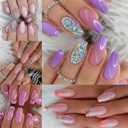 Press On Nails 120-Piece Medium Coffin Five-Pack Pinkish Purple Glitter Sequin Glossy Full-Cover Set