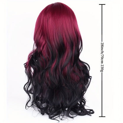 Long Curly Wig Black Red Highlights 28 Inch Wavy Synthetic Rose Net Cap Glamorous Voluminous Hair for Women Cosplay Party Halloween Daily