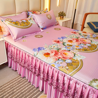 Ruffled Floral Bedspread Mat Set with Two Pillowcases, Twin to King Sizes and Four Pattern Choices