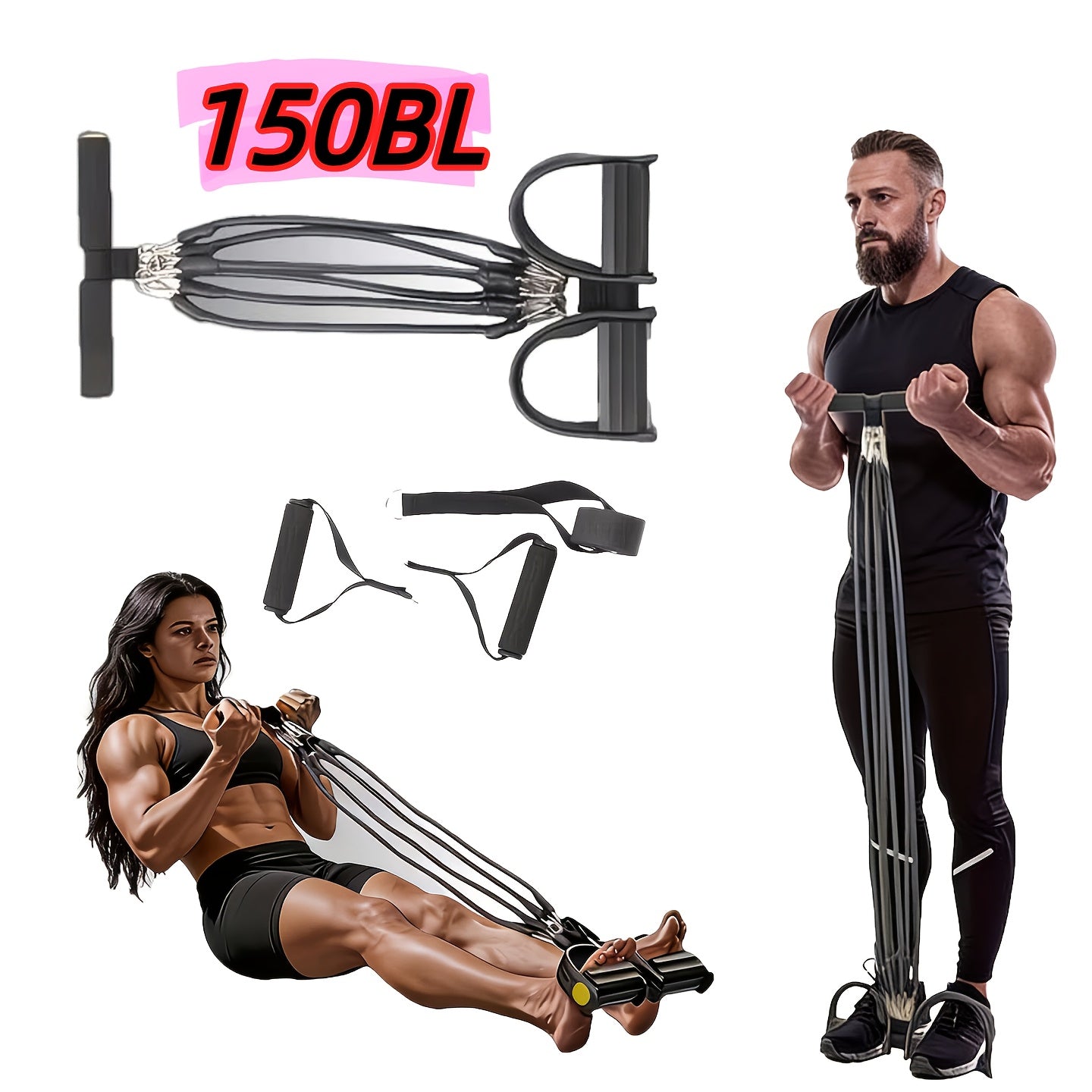 Black Foot-Pedal Resistance Band Puller with Handles and 2-, 4- or 6-Tube Options Labeled 50BL to 150BL
