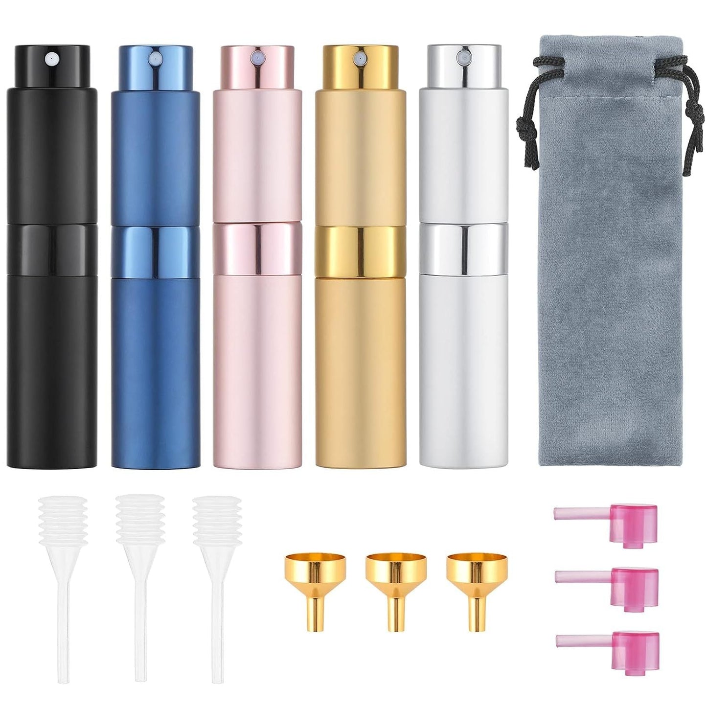 Refillable Perfume Atomizer Travel 5 Pack – 8ml Mini Cologne Sprayer Bottles with Cap-Free Twist Design, Leak-Proof Aluminum & Glass