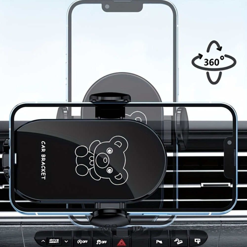 Bear-Graphic Air-Vent Phone Holder with 360-Degree Rotation, Black or Yellow Frame and Adjustable Cradle